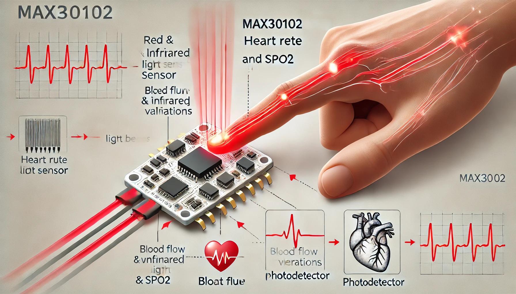 DALL&middot;E 2024-11-16 11.32.24 - A clear and simple illustration of the MAX30102 heart rate and SpO2 sensor in action. The image shows a finger placed on the sensor, with red and infr.jpg