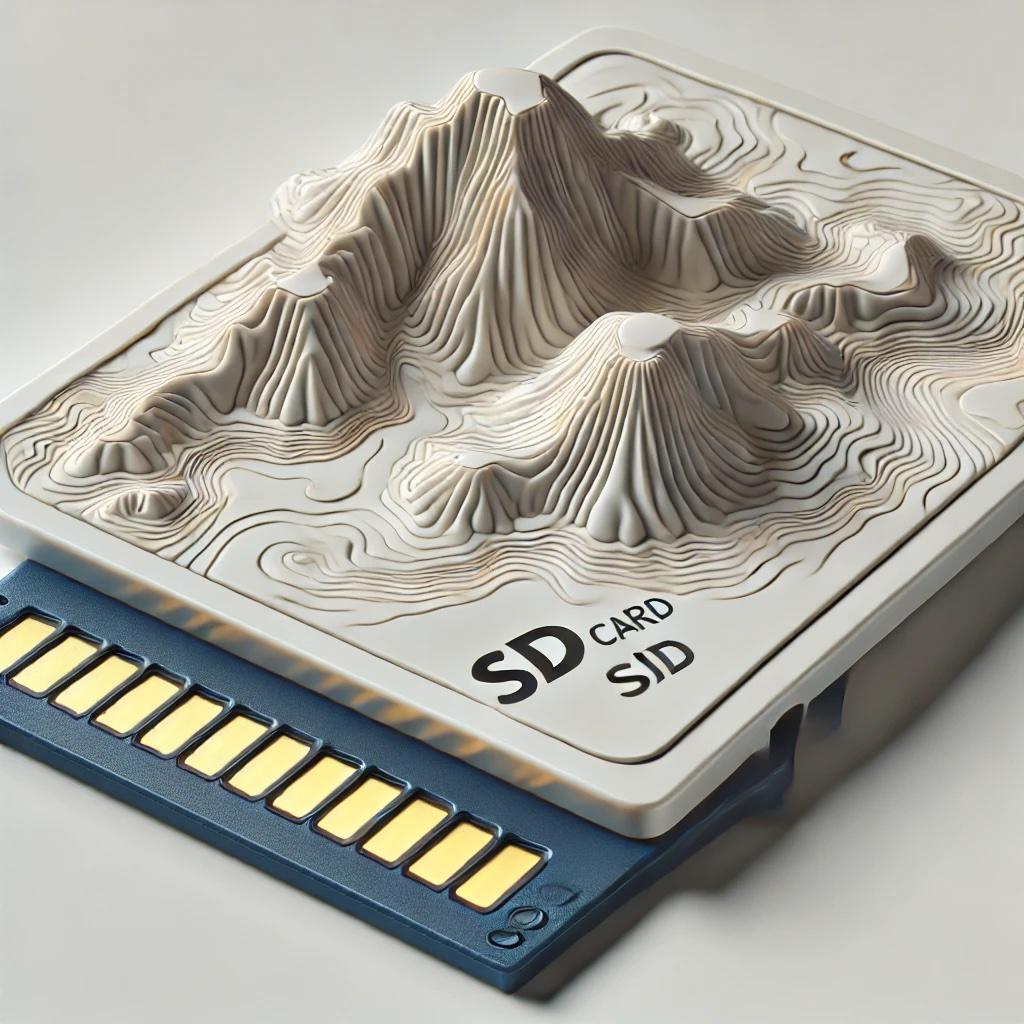 DALL&middot;E 2024-08-24 23.02.51 - A realistic and detailed image of a 3D topographic map sitting on top of an SD card. The topographic map should have distinct elevation lines and terr.jpeg