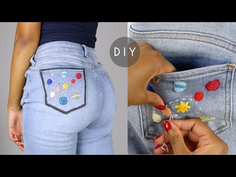 DIY Embroidered Denim Jeans Pocket - Solar System