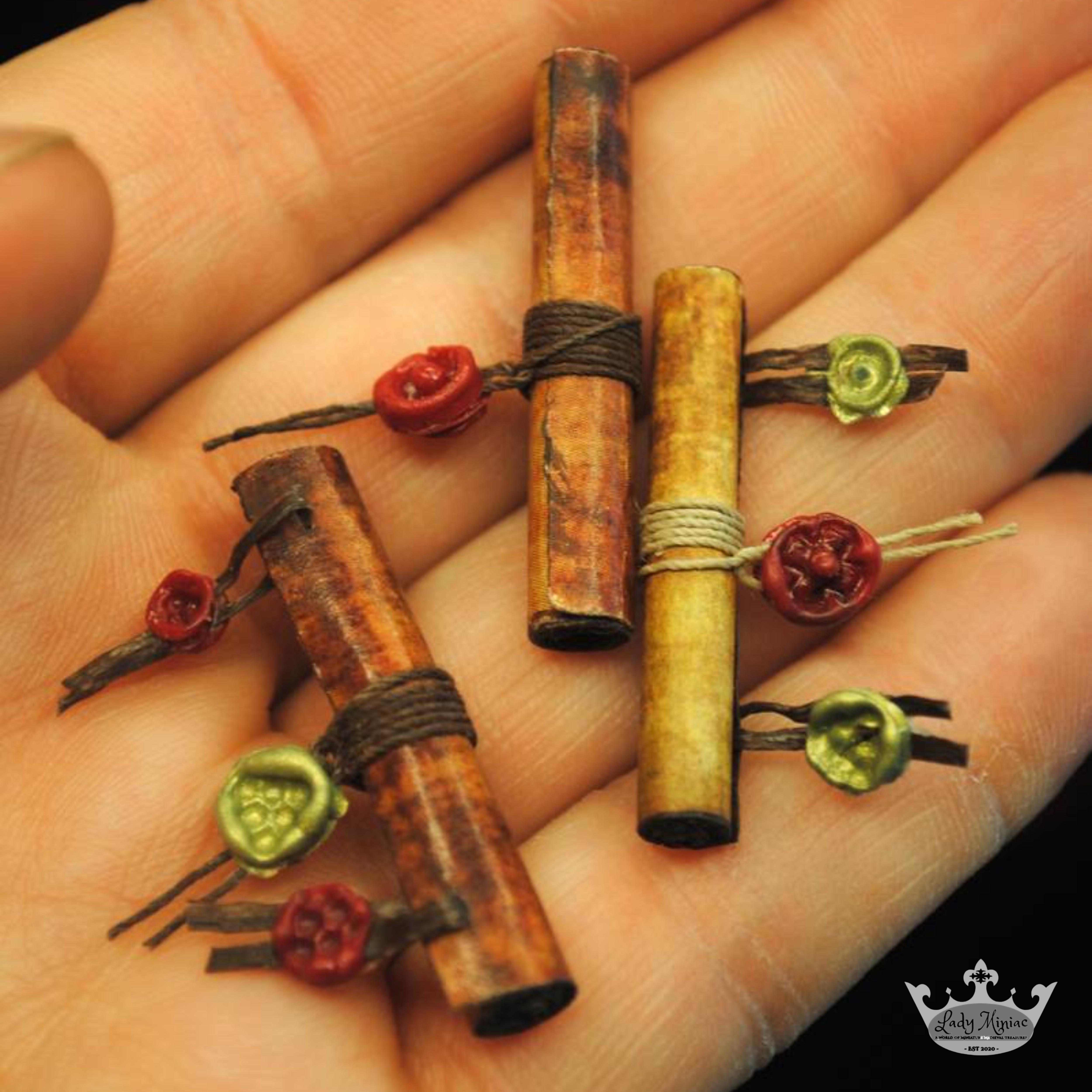 Hand holding miniature scrolls with wax seals.jpeg