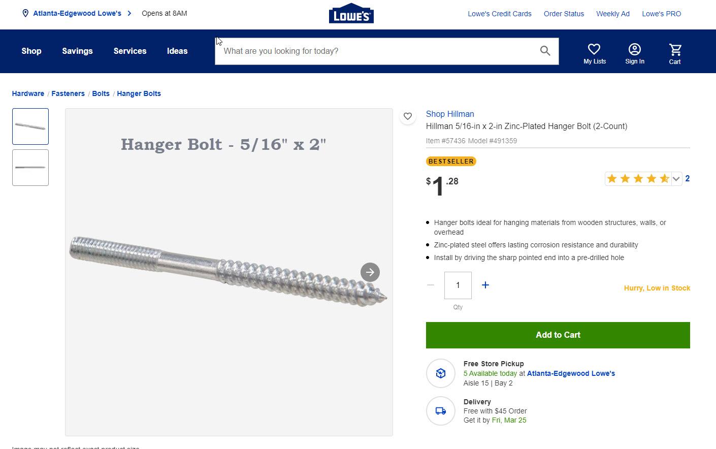 Hanger Bolt 5 sixteens x 2 Lowes.jpg