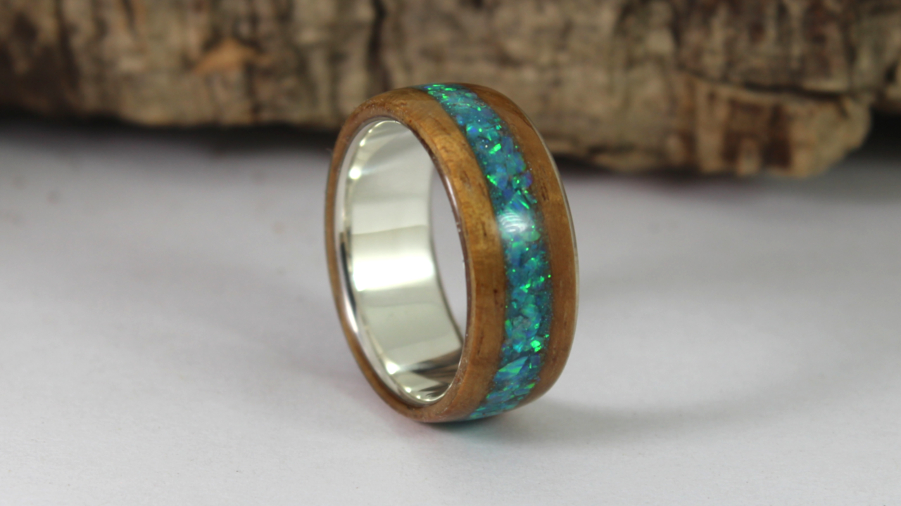 Silver and Koa wood with Opal inlay ring.jpeg