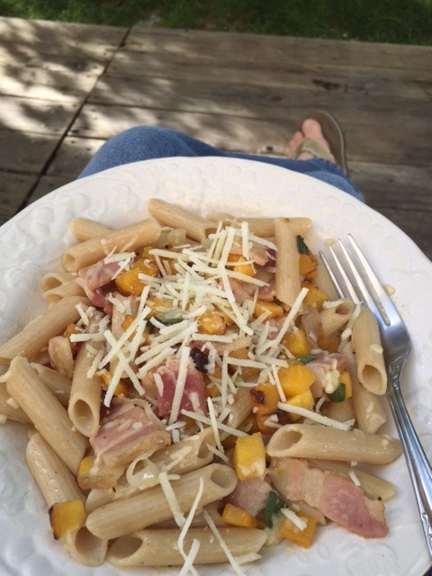 sitting and enjoying Gluten Free Rigate with Roasted Butternut Squash and Smoked Bacon - Topped with some more Pecorino cheese.JPG