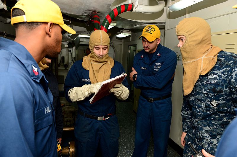 U.S._Sailors_review_an_equipment_check-off_list_during_a_firefighting_drill_aboard_the_aircraft_carrier_USS_Ronald_Reagan_(CVN_76)_Nov._9,_2013,_in_the_Pacific_Ocean_131109-N-AV746-175.jpg